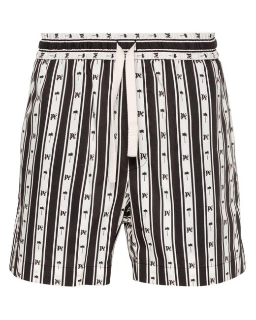 Palm Angels Black Monogram-print Striped Shorts for men
