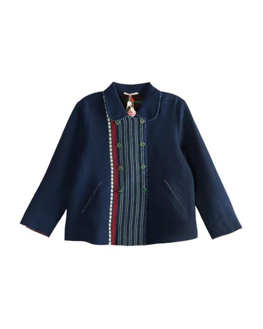 Péro Blue Embroidered Striped Wool Jacket