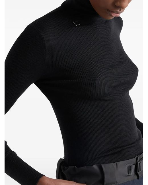 Prada Black Ribbed Logo Turtleneck Sweater