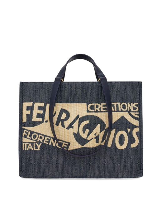 Ferragamo Blue Medium Venna Logo-Embroidered Tote Bag