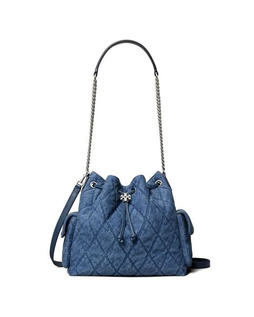 Tory Burch Blue Charlie Quilted Denim Drawstring Shoulder Bag