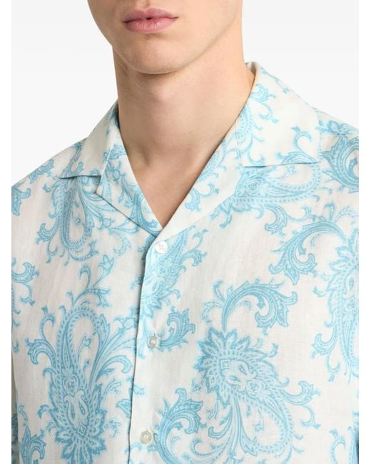 Etro Blue Linen Bowling Shirt With Paisley-Motif for men