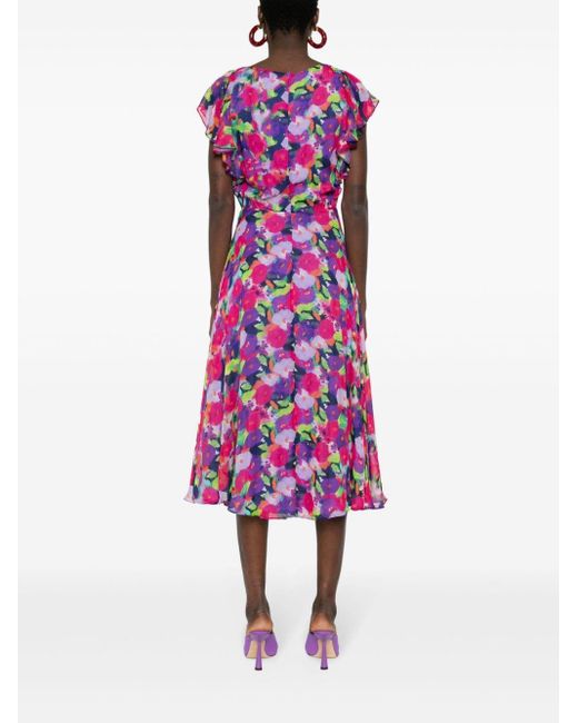 Nissa Purple Floral-appliqué Georgette Dress