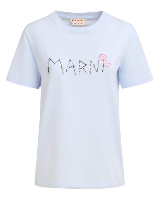 T-shirt à logo brodé en coton Marni en coloris Blue