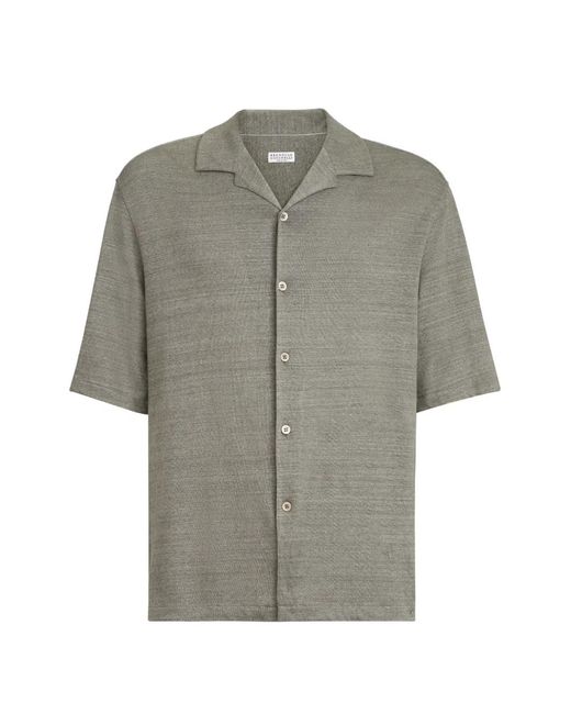 Brunello Cucinelli Gray Camp-Collar Short-Sleeve Shirt for men