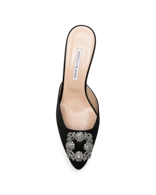 Manolo Blahnik Black Hangisi Crystal-Buckle Mules