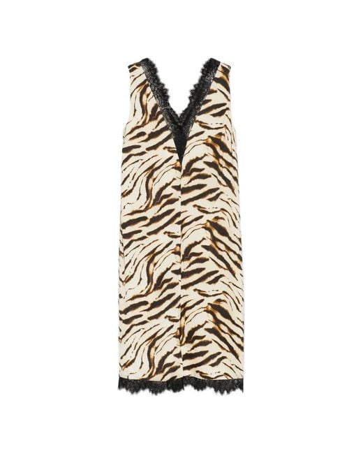 Ganni White Tiger-Print Lace-Trim Midi Dress