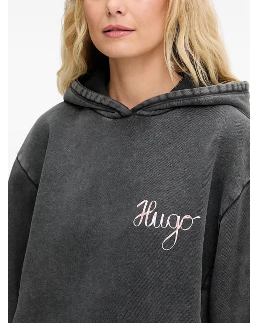 HUGO Gray Logo-Embroidered Hoodie