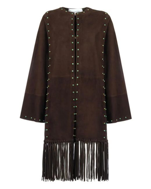 Valentino Garavani Brown Stone-Embellished Fringed Coat