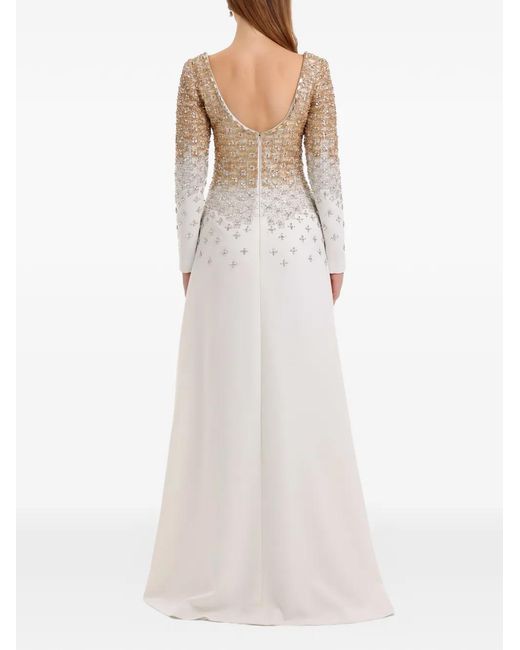 Dina Melwani White Ombré Crystal-Embroidered Gown