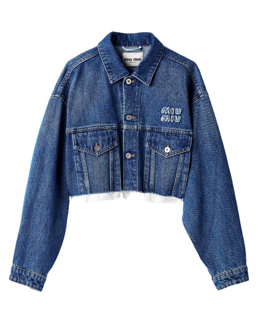 Miu Miu Cropped Denim Jacket in Blue | Lyst