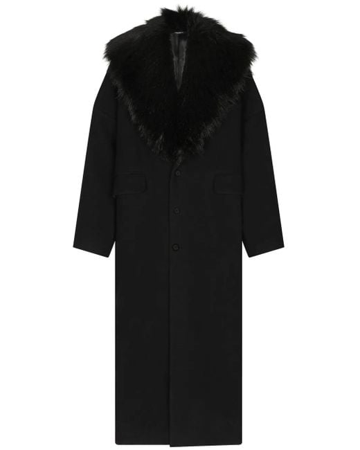 Dolce & Gabbana Black Faux-Fur Collar Wool Coat for men