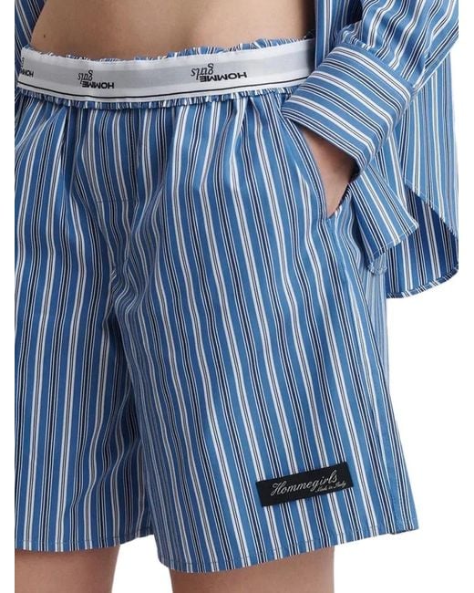 HOMMEGIRLS Blue Striped-Pattern Logo-Patch Boxer Shorts