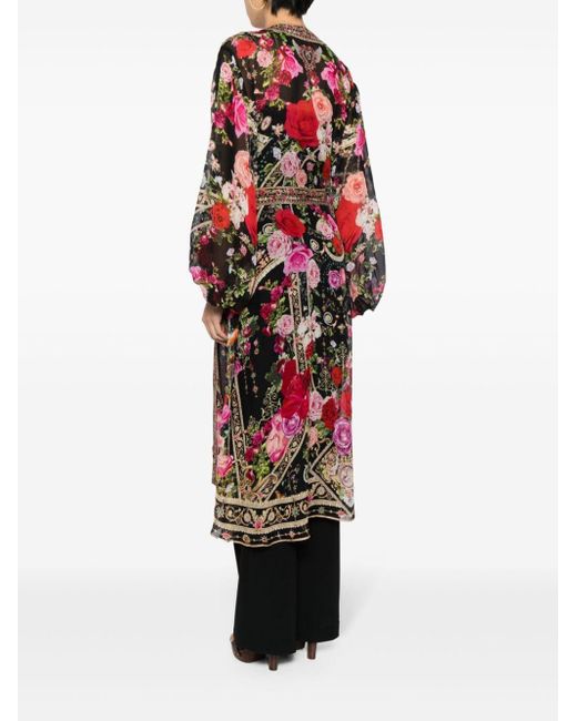 Camilla Red Floral-print Blouson-sleeve Poncho