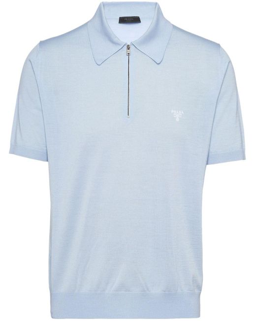 Prada Blue Zip-up Wool Polo Shirt for men