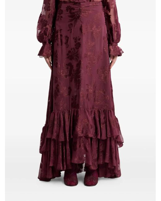 Etro Purple Floral-Print Ruffled Maxi Skirt