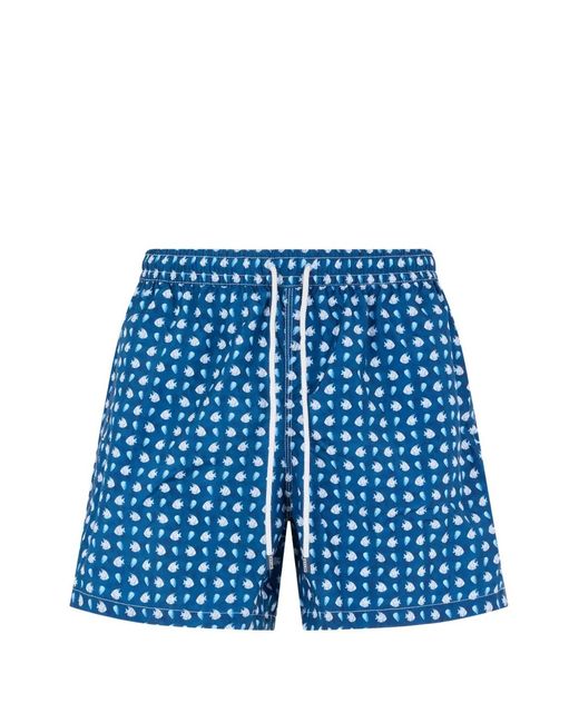 Fedeli Blue Marine-Print Drawstring Swim Shorts for men