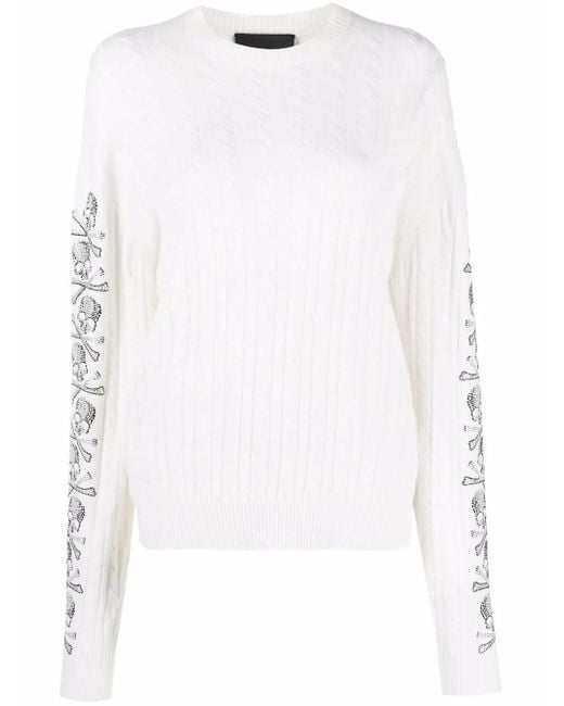 Philipp Plein White Sequin Skull Pullover Jumper