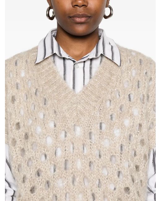 Brunello Cucinelli Natural V-Neck Open-Knit Vest