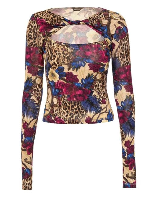 Just Cavalli Red Mix-Print Keyhole Top