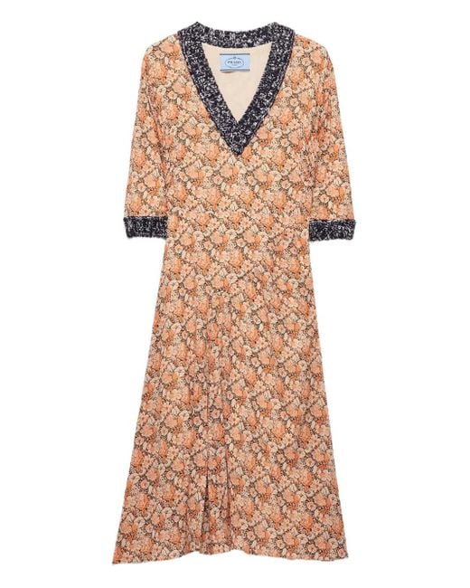 Robe Mi-Longue À Fleurs Prada en coloris Orange