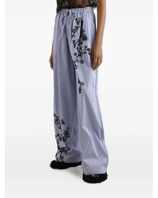 Dolce & Gabbana Blue Striped Poplin Trousers With Flowers Embroidery