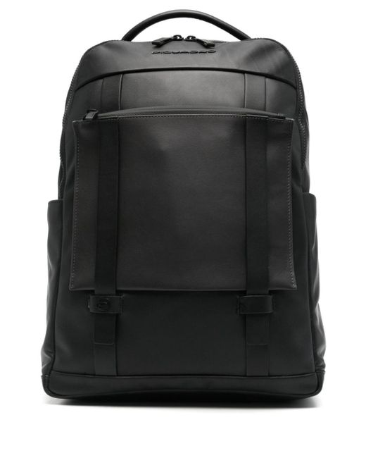 Piquadro Black Logo-lettering Leather Backpack for men
