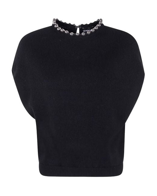 Emporio Armani Blue Beaded-Neck Ribbed Sweater