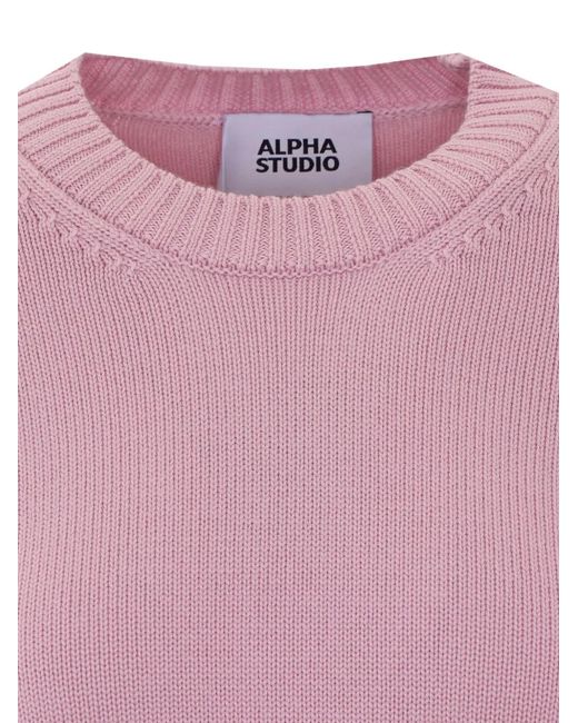 Alpha Studio Pink Ribbed-Trim Crew-Neck Sweater