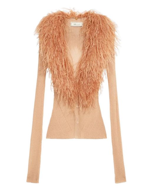 Blumarine White Feather-Collar Cardigan