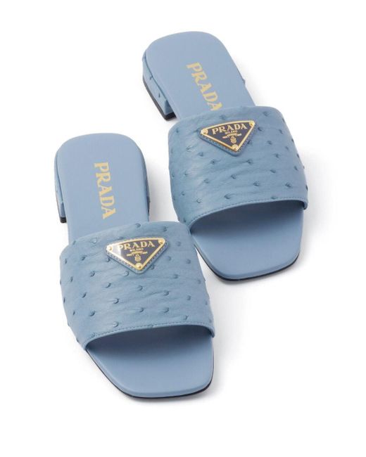 Prada Blue Logo Plaque Flat Sandals