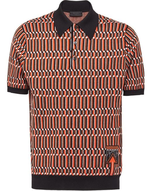 Prada Orange Wool Jacquard Polo Shirt for men
