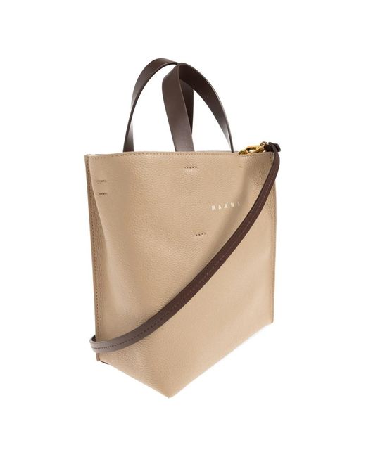 Marni Natural Mini Museo Logo-Print Pebbled-Leather Tote Bag