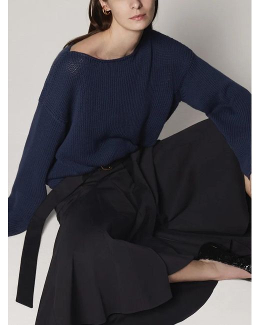 Another Tomorrow Blue Draped-Knit Cotton Sweater