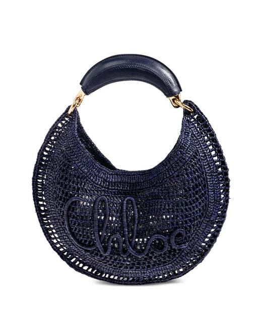 Chloé Blue Summer Banana Logo-Embroidered Raffia Tote Bag