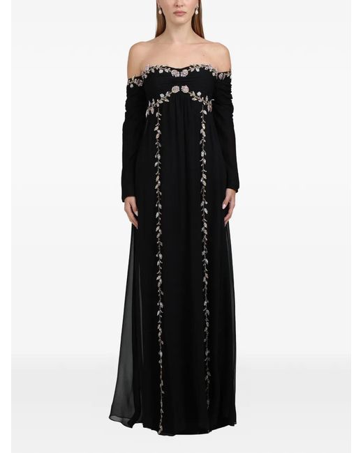 Dina Melwani Black Embellished Off-Shoulder Gown Maxi Dress