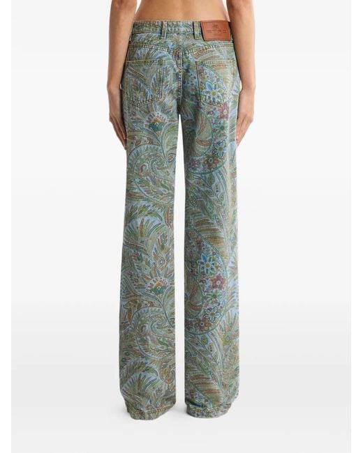 Etro Green Flared Jeans With Leafy-Paisley Motif