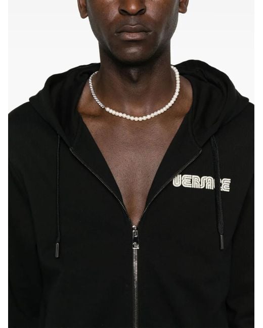 Versace Black Crystal-Embellished Logo Zip-Up Hoodie for men