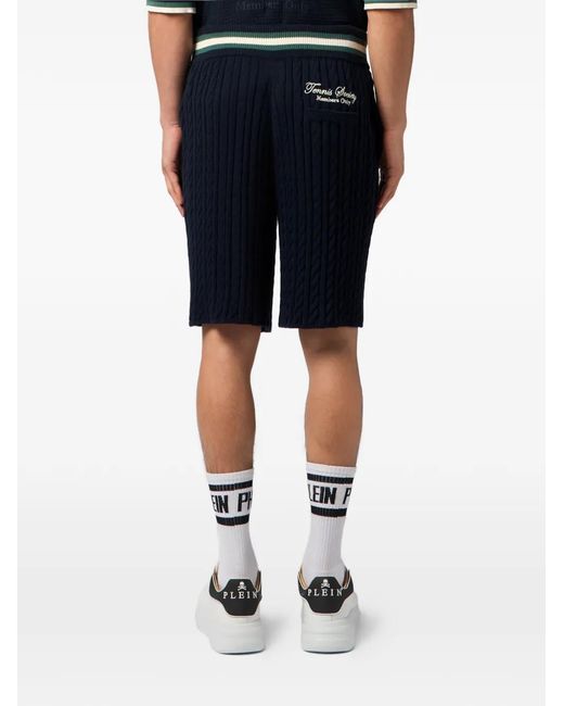Philipp Plein Blue Knitted Drawstring Shorts Plein Tennis for men