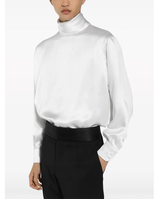 Dolce & Gabbana White Silk High Neck Long-Sleeve Shirt for men