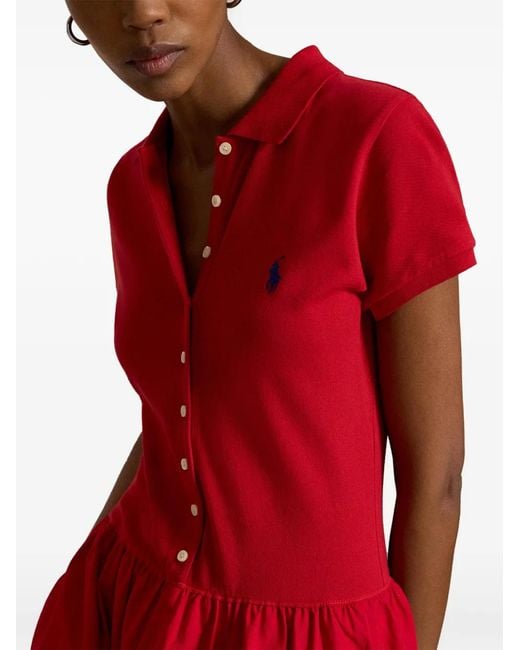 Polo Ralph Lauren Red Button-Details Polo-Collar Cotton Midi Dress