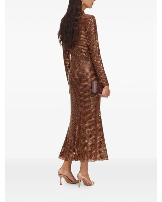 Self-Portrait Brown Rhinestone-Embellished Long-Sleeve Midi Dress