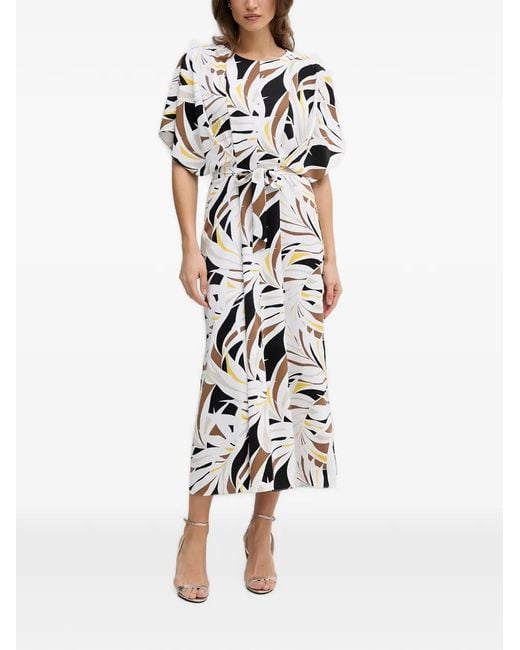 Joseph Ribkoff White Abstract-Print Belted Midi Dress