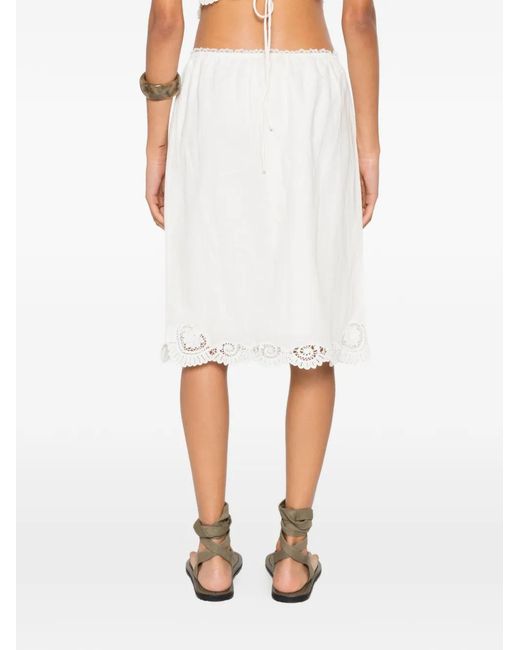 Posse White Darya Lace-Trim Linen Midi Skirt