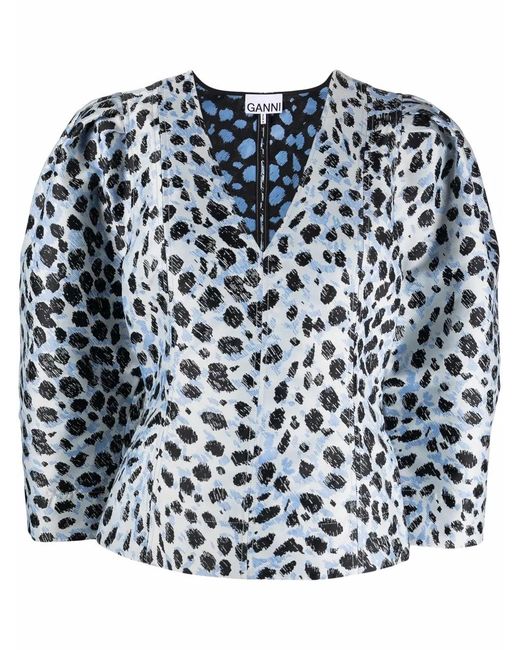 Ganni Blue Leopard-Print Puff-Sleeve Top