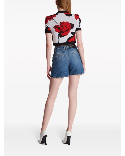 Balmain Red Cardigan With Rose Motif