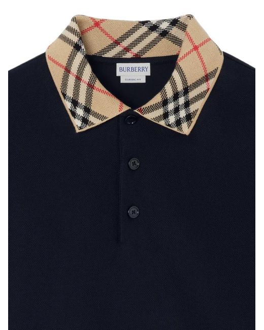 Burberry Blue Long-Sleeve Check Collar Cotton Polo Shirt for men