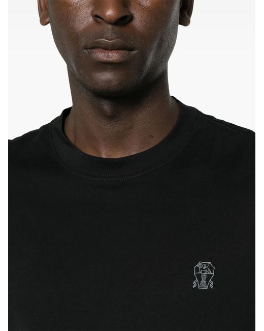 Brunello Cucinelli Black Cotton Jersey Crew Neck T-Shirt With Logo for men