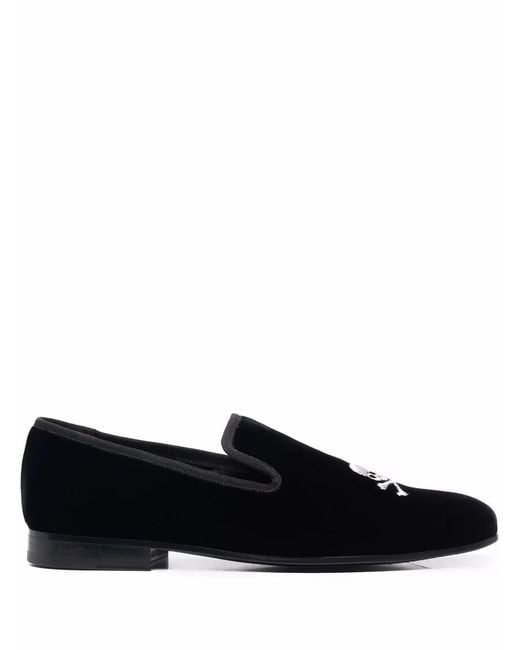 Philipp Plein Black Skull Embroidery Velvet Loafers for men