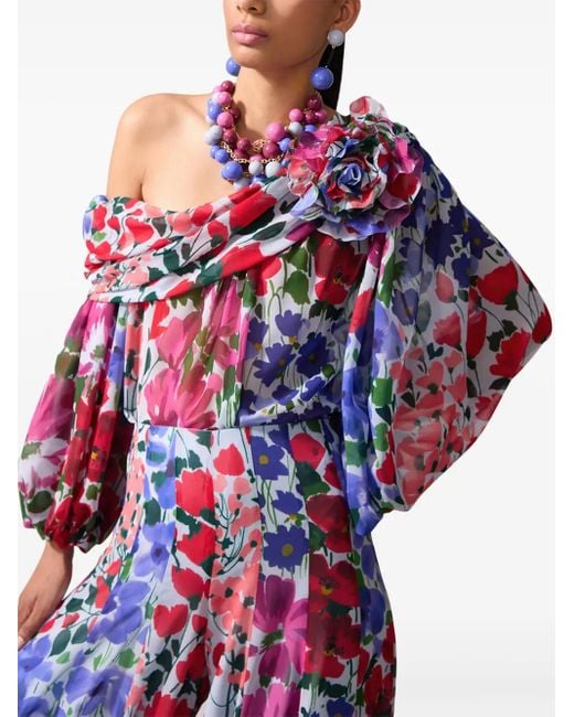 Carolina Herrera Red Jardin-Print One-Shoulder Top